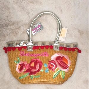 Vintage Betsey Johnson Betseyville NWT Floral Raffia Straw Tote w Silver Trim